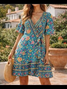 Turquoise Floral Tie-Waist Summer Dress
